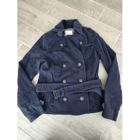 Abercrombie & Fitch Women's Navy Blue Short Trench Belted Jacket Large - Picture 1 of 9